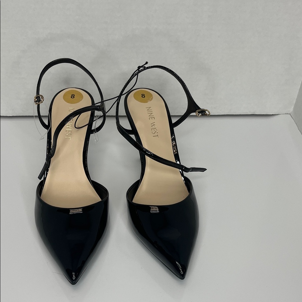 Nine West Glossy Black Heels with Gold Accents - Picture 3 of 8